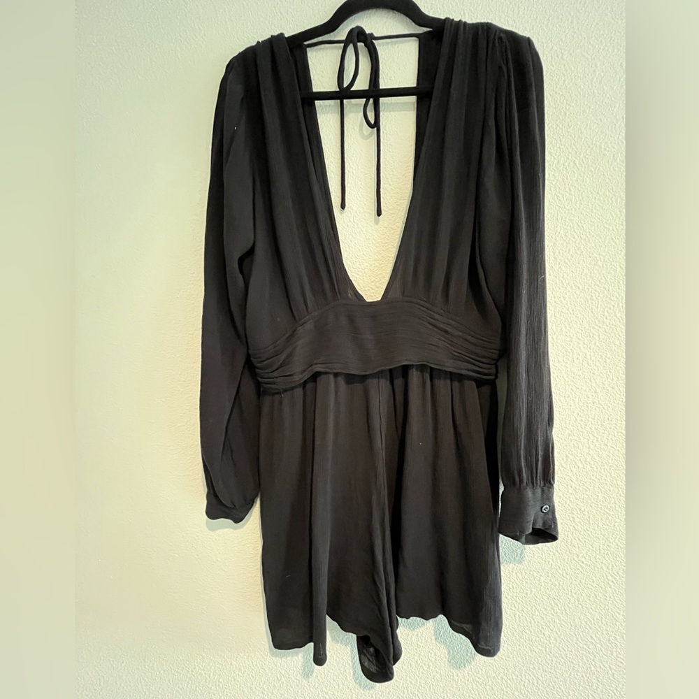 ASOS DESIGN Fuller Bust long sleeve plunge beach romper in black